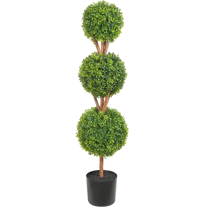 Kolmipalloiset tekopuut noin satakaksikymmentä senttimetriä kaksi kappaletta ruukuilla muovi ja puu