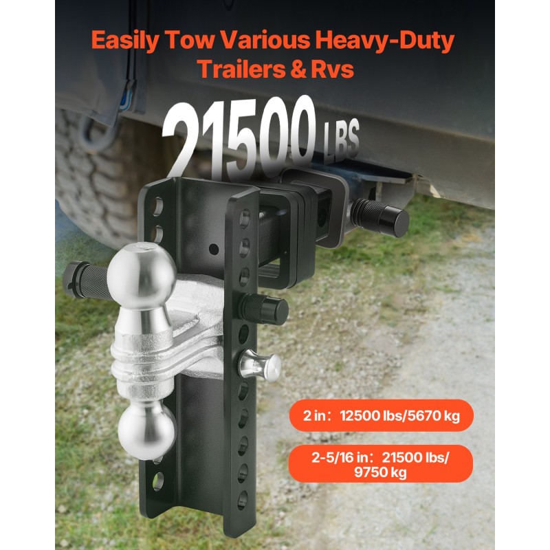 Säädettävä hiiliteräksinen kuulavetokoukku 2 tuuman vastaanottimeen 203 mm pudotus 9750 kg vetokyky