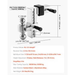 Vetokuulakoukku kolmipalloinen ja säädettävä 2,5 tuuman vastaanottimeen hiiliteräs ja alumiiniseos 8390 kilogrammaa