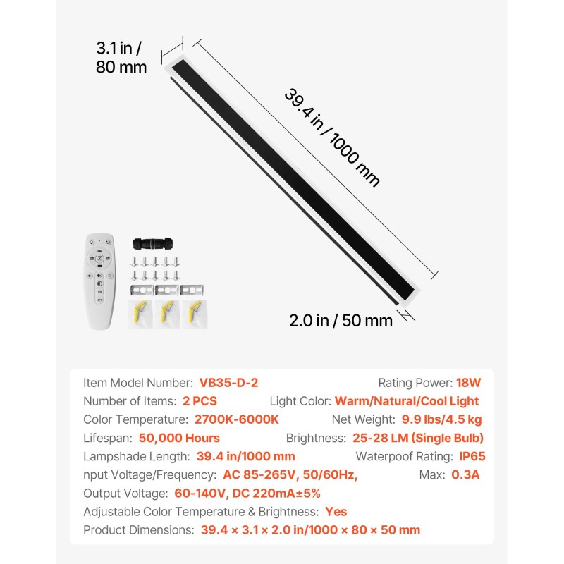 Ulkoseinävalaisin 2 kpl 1000 mm säädettävä 2700–6000K himmennettävä kaukosäätimellä IP65