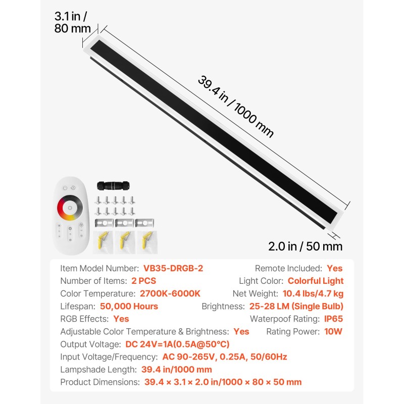 Ulkoseinävalaisin 2 kpl 1000 mm ruostumaton IP65 RGB säädettävä 2700–6000K himmennettävä kaukosäätimellä