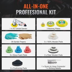 Pienikokoinen paineilma-epäkeskohiomakone alumiini 2,5 5,1 ja 7,6 cm 15000 kierrosta minuutissa 58-osainen