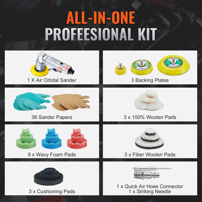 Pienikokoinen paineilma-epäkeskohiomakone alumiini 2,5 5,1 ja 7,6 cm 15000 kierrosta minuutissa 58-osainen