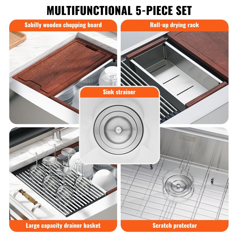 Keittiöallas 304-ruostumaton teräs päälleasennettava yksialtainen 33 tuumaa maalaistyylinen reunatasolla