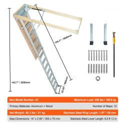 Taittuva alumiininen ullakkotikas hydraulisella vaimennuksella kantavuus 158,8 kg sopii 2,9–3,7 m huonekorkeuksille