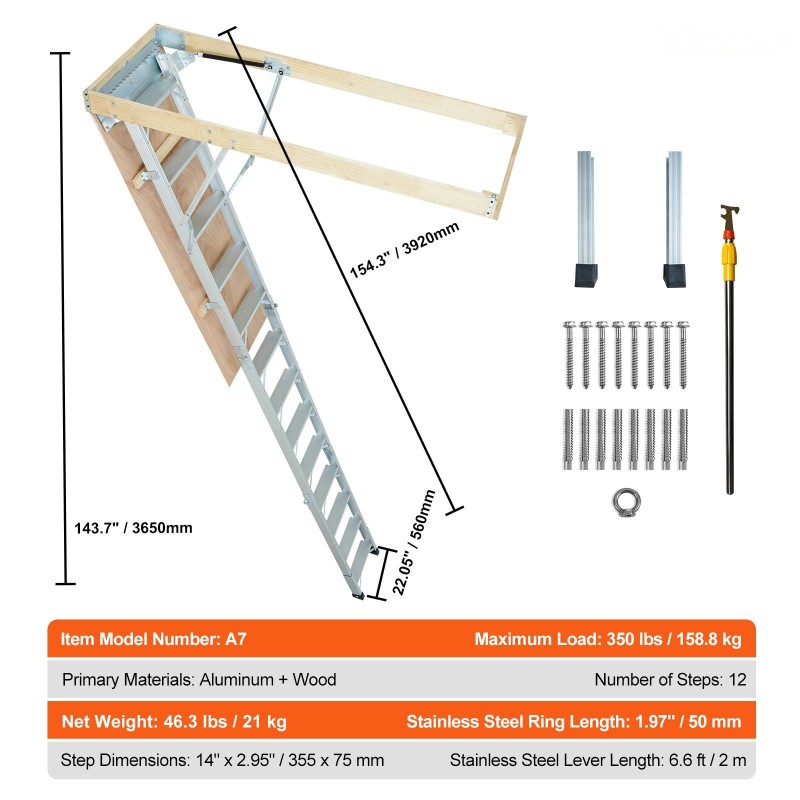 Taittuva alumiininen ullakkotikas hydraulisella vaimennuksella kantavuus 158,8 kg sopii 2,9–3,7 m huonekorkeuksille