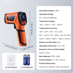 Kosketukseton infrapunalämpömittari kädessä pidettävä kaksisäteinen 50:1 etäisyys-piste-suhde -40°C–1500°C säädettävä
