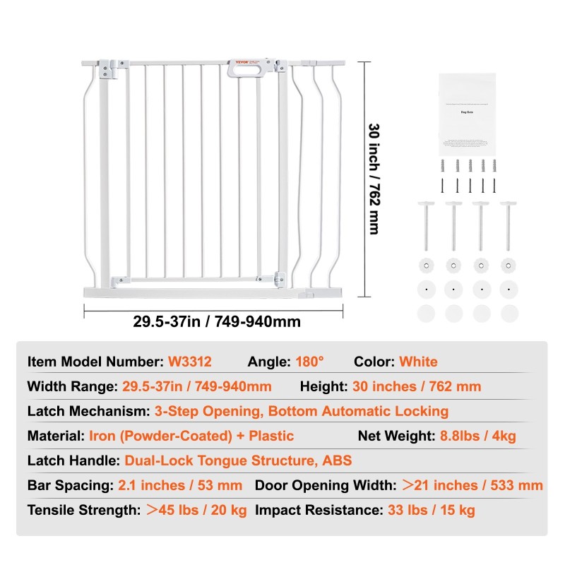 Turvaportti rautarunko ja muovi 749–990mm leveä 762mm korkea valkoinen paine- ja seinäkiinnityssarja