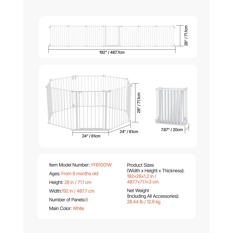 Turvaportti 8 paneelia 487,7 cm leveä 71,1 cm korkea lapsille ja lemmikeille