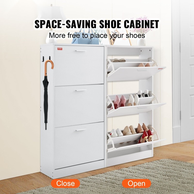 Kenkäkaappi P2-luokan lastulevystä kolmella ylös kääntyvällä laatikolla ja sivukoukuilla eteiseen