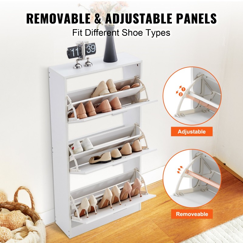 Kenkäkaappi P2-luokan lastulevystä kolmella ylös kääntyvällä laatikolla ja sivukoukuilla eteiseen