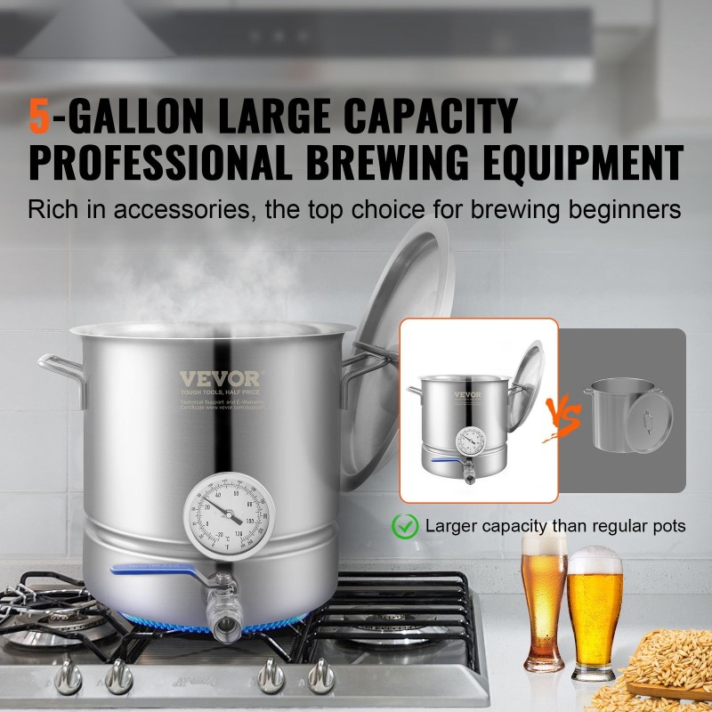 Ruostumaton teräskattila 18,92 litraa kotipanemiseen kolmikerroksinen pohja kansi lämpömittari kuulaventtiilihana suodatinritilä