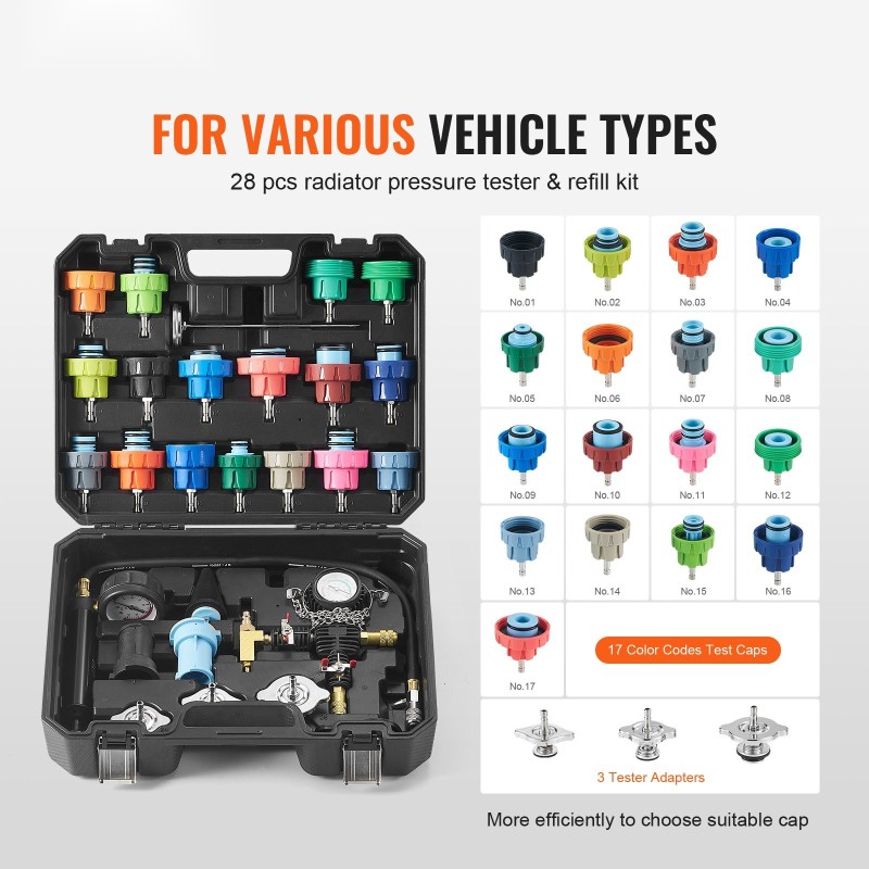 Jäähdyttimen paineentestaus- ja tyhjiötäyttösarja 28-osainen alumiinipumpulla värikoodatuilla sovittimilla autoille
