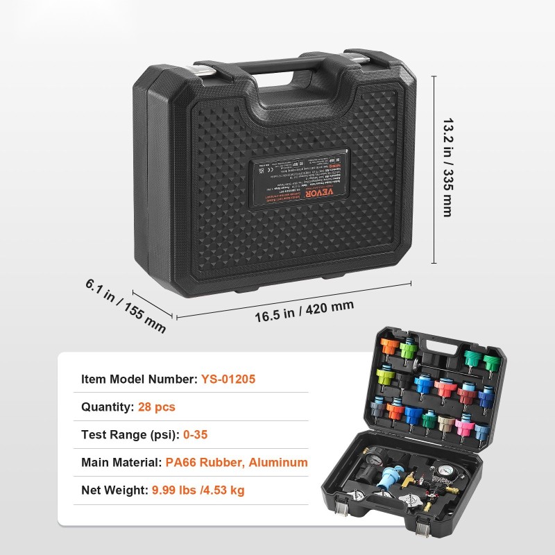 Jäähdyttimen paineentestaus- ja tyhjiötäyttösarja 28-osainen alumiinipumpulla värikoodatuilla sovittimilla autoille