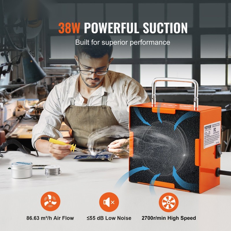 Pöytämallinen 38-wattinen savunpoistaja antistaattinen metallirunko kolmikerroksinen aktiivihiilisuodatin juotostöihin