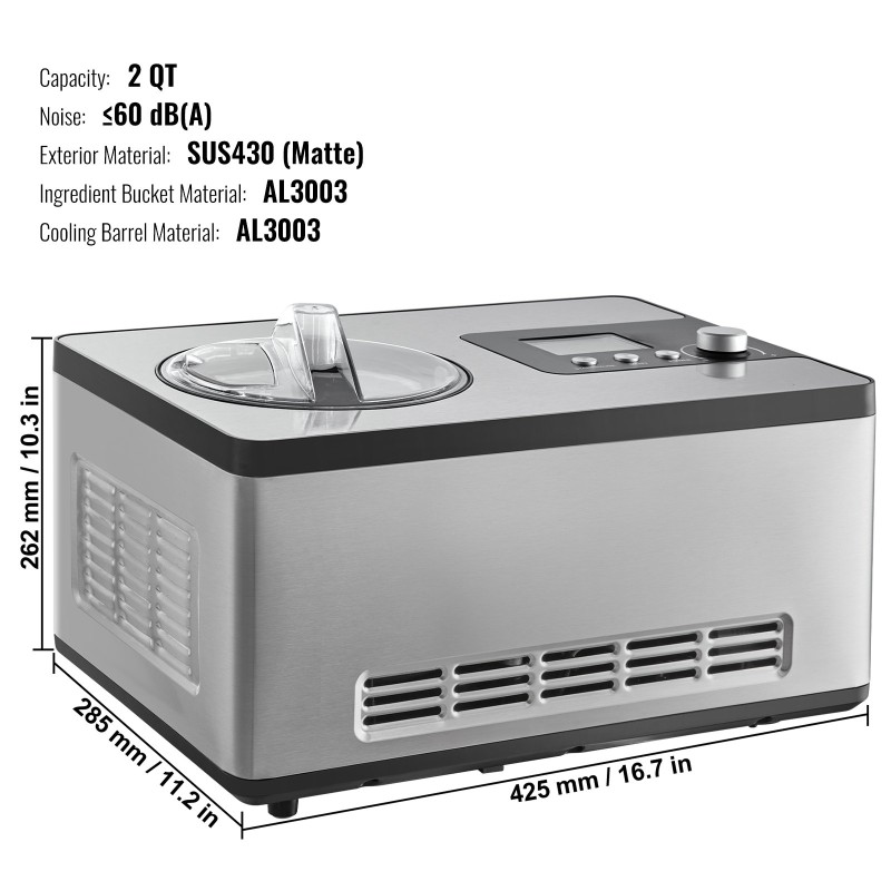 Automaattinen jäätelökone 2,0 l teho 180 wattia alumiininen säiliö ruostumaton teräs