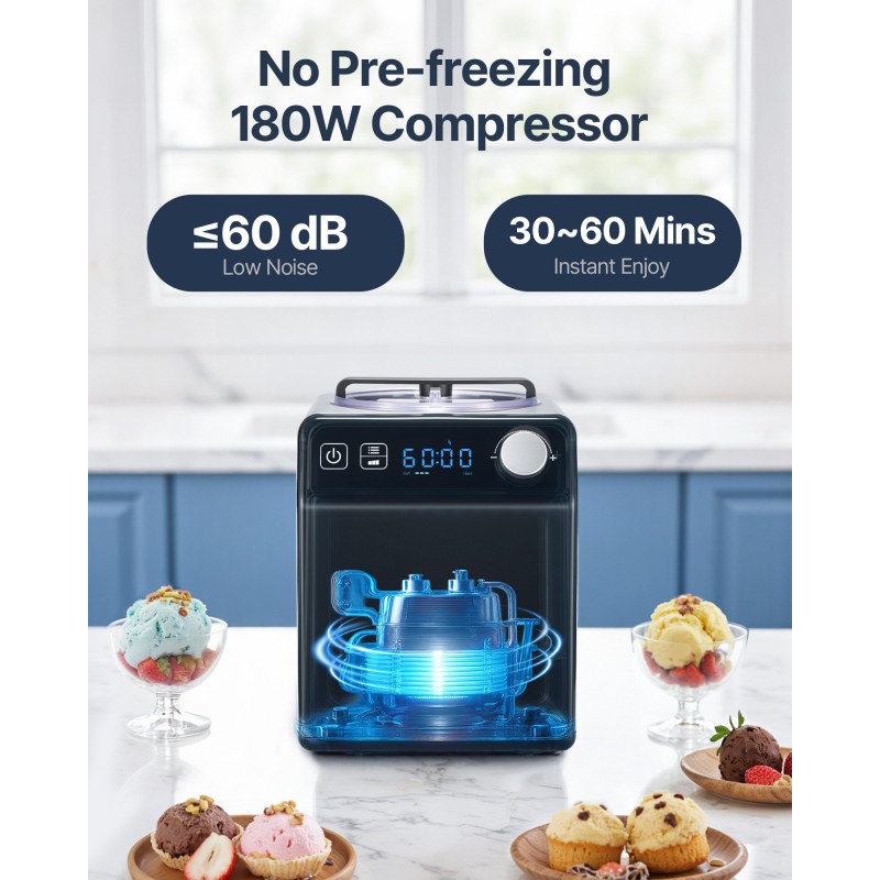 Automaattinen jäätelökone kotikäyttöön 1,9 l ruostumaton teräs neljä toimintatilaa