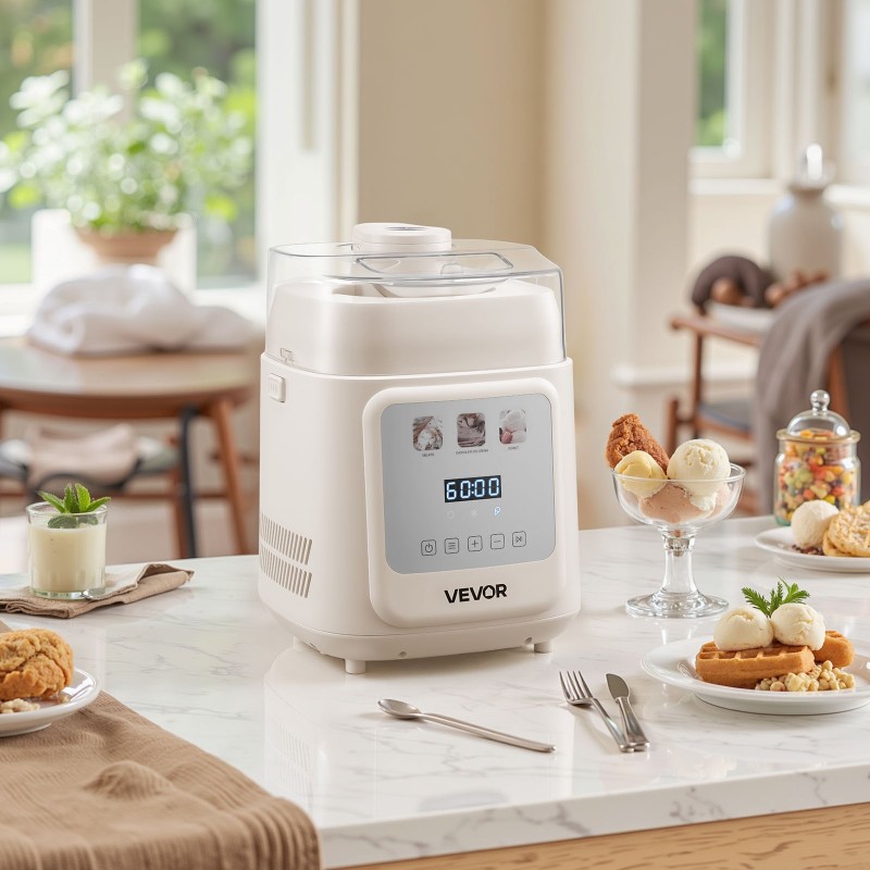 Automaattinen pystyjäätelökone 1 l sisäänrakennetulla kompressorilla 4 käyttötilaa muovirunko kotikäyttöön