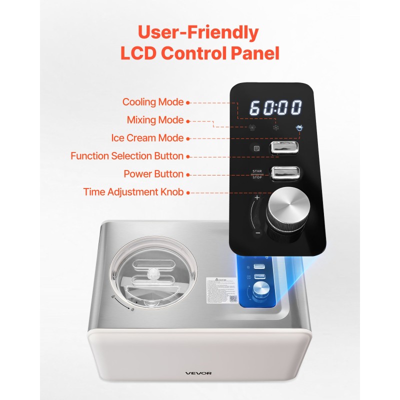 Automaattinen jäätelökone sisäänrakennetulla kompressorilla 2 l 3 toimintatilaa ilman esipakastusta ruostumatonta terästä