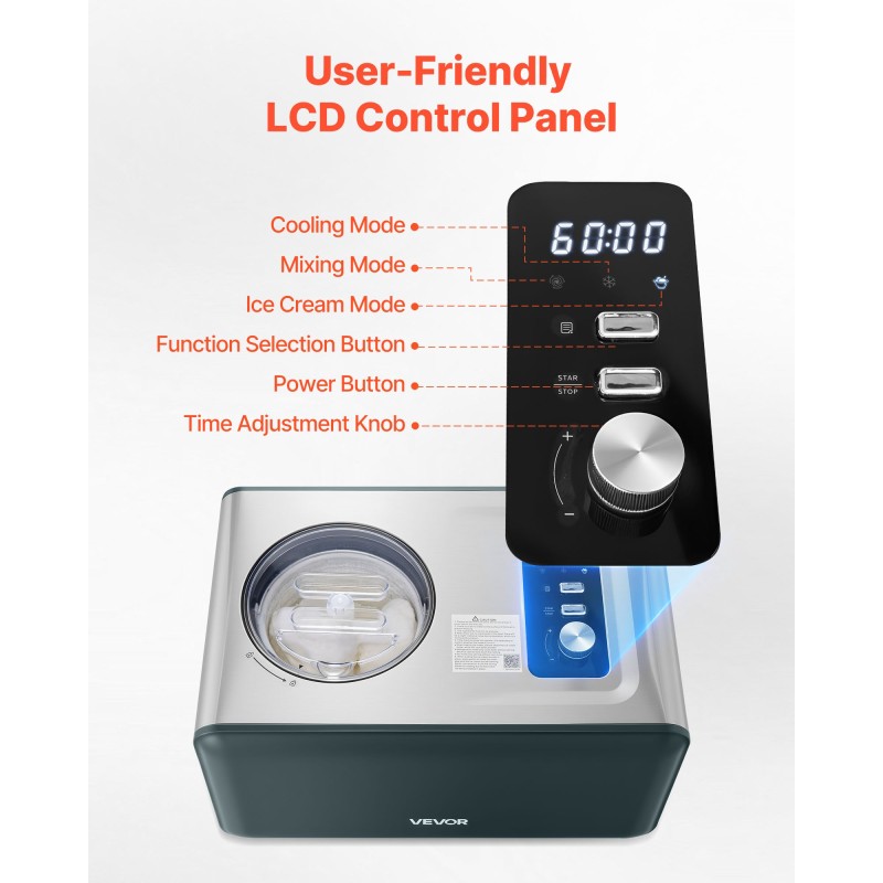 Automaattinen jäätelökone sisäänrakennetulla kompressorilla 1,5 l ruostumattomasta teräksestä kolmella toimintatilalla