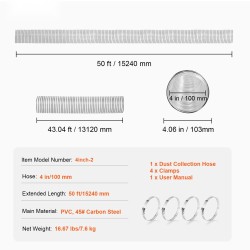 PVC pölynpoistoletku 100 mm 15,24 m paksunnettu teräslankakierre 4 kiristintä puuntyöstökoneisiin