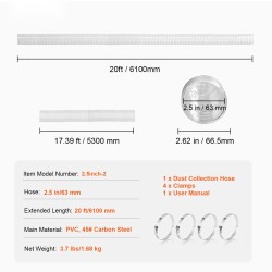 Pölynpoistoletku PVC 63 mm 6,1 m läpinäkyvä hiiliteräskierre 4 kpl 304 kiristimiä