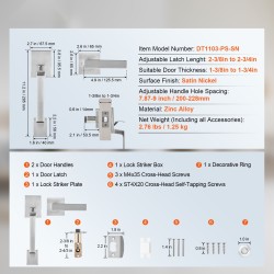Etuoven neliönmuotoinen vedinsarja sinkkiseos satiininikkeli käännettävä oikea ja vasen