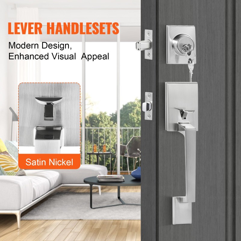 Etuoven vedin- ja lukkosetti sinkkiseos satiininikkeli käännettävä oikea- ja vasenkätisiin