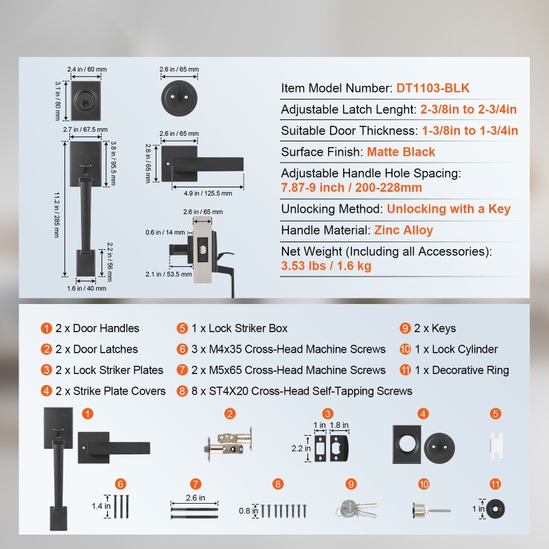 Etuoven mattamusta neliönmuotoinen vedin ja lukosarja sinkkiseos käännettävä avaimella lukittava