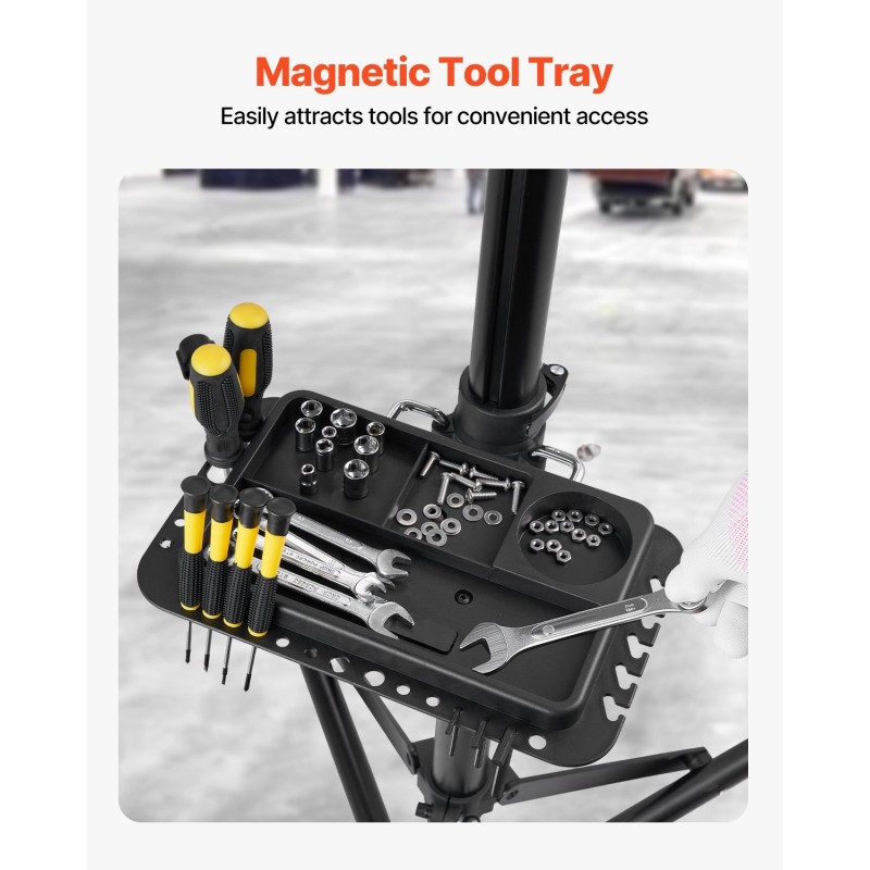 Pyöränhuoltoteline alumiiniseos säädettävä 1035–1630 mm korkeus 38,6 kg kantavuus magneettinen työkalutaso