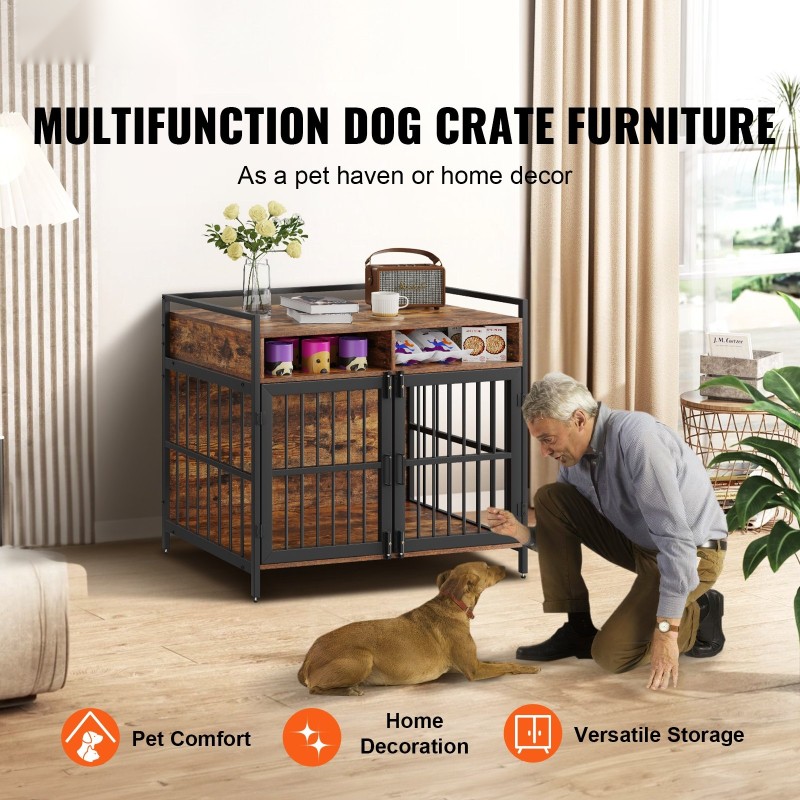 Huonekalutyylinen koiranhäkki P2-luokan lastulevy hiiliteräsrunko kaksoisovet kahdella säilytyslokerolla ruskea 104 cm