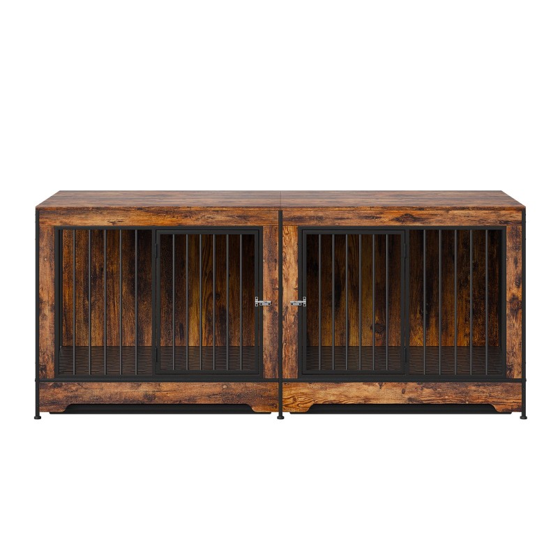 Huonekalutyylinen koiranhäkki lastulevy ja rauta kahdelle koiralle säädettävällä väliseinällä kaksoisovilla