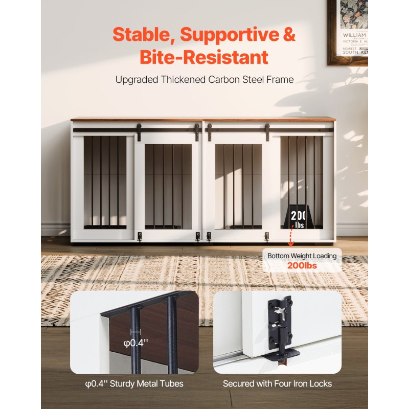 Kaksoishäkki kahdelle koiralle teräsrunko ja P2-luokan MDF-levy TV-tasona ruskea ja valkoinen