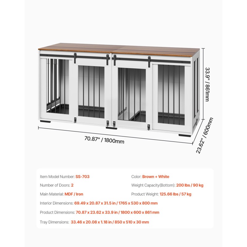 Kaksoishäkki kahdelle koiralle teräsrunko ja P2-luokan MDF-levy TV-tasona ruskea ja valkoinen