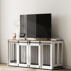 Kaksoishäkki kahdelle koiralle teräsrunko ja P2-luokan MDF-levy TV-tasona ruskea ja valkoinen