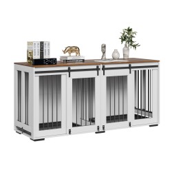 Kaksoishäkki kahdelle koiralle teräsrunko ja P2-luokan MDF-levy TV-tasona ruskea ja valkoinen