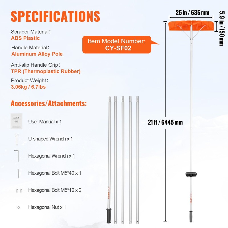 Lumiharja ABS-muovinen terä 63,5 cm säädettävä alumiinivarsi 5–21 jalkaa luistamaton kahva