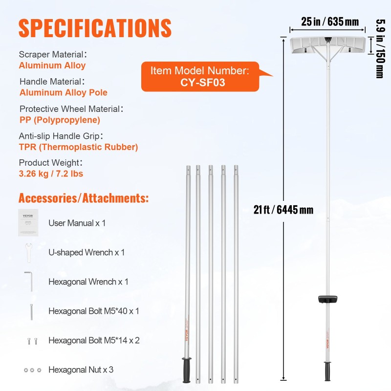 Kattolumiharja alumiiniterä 63,5 cm 640 cm ulottuvuus suojapyörillä liukuestekahvalla