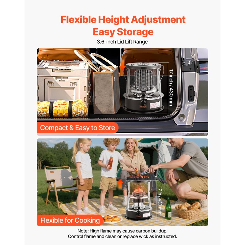 Siirrettävä kerosiinilämmitin ja liesi 9000 BTU 19 L säädettävä liekki musta