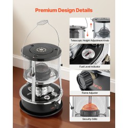 Siirrettävä kerosiinilämmitin ja liesi 9000 BTU 19 L säädettävä liekki musta
