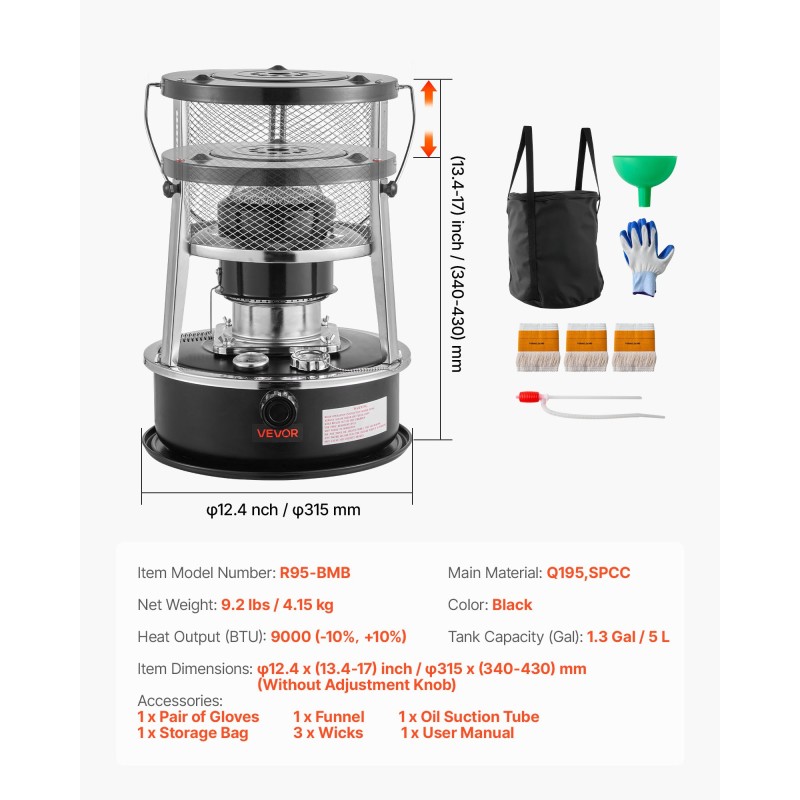 Siirrettävä kerosiinilämmitin ja liesi 9000 BTU 19 L säädettävä liekki musta