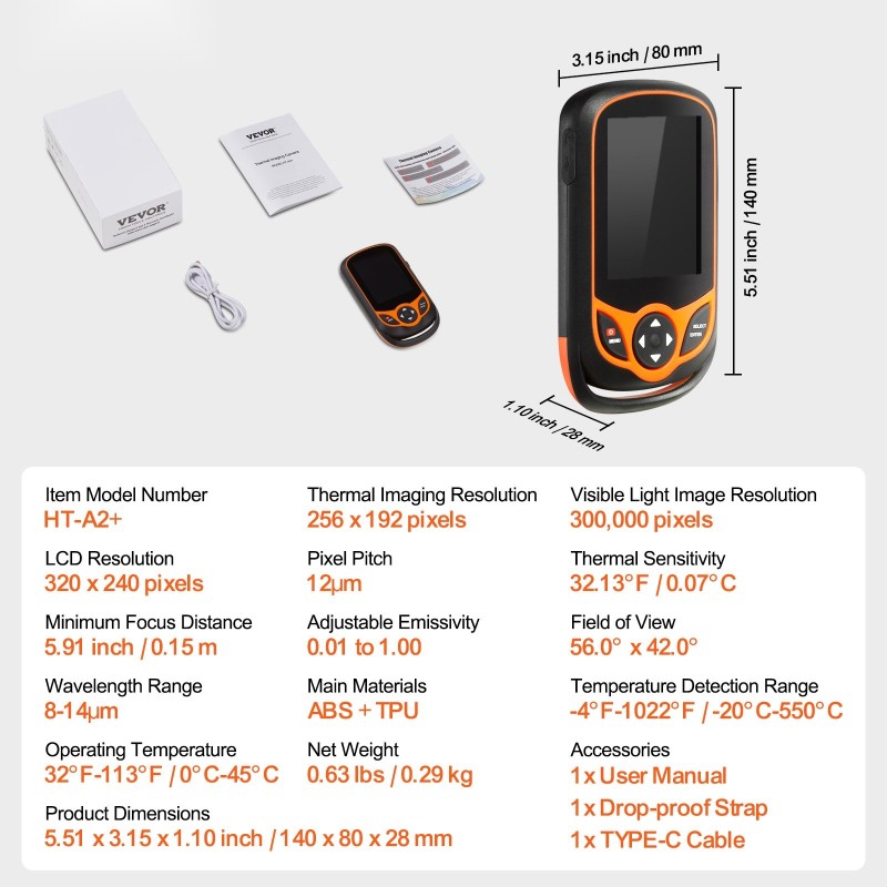 Taskukokoinen lämpökamera 256 x 192 infrapunaresoluutio 3,2 tuuman kosketusnäyttö IP54 -20–550°C