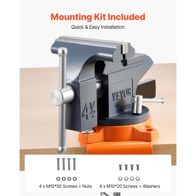 Penkkipuristin pallografiittivaluraudasta 4,5 tuuman leukaleveydellä 270° kääntyvällä jalustalla nopealla vapautuksella
