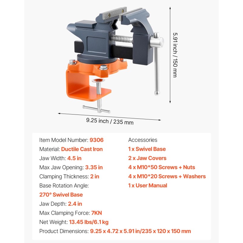 Penkkipuristin pallografiittivaluraudasta 4,5 tuuman leukaleveydellä 270° kääntyvällä jalustalla nopealla vapautuksella