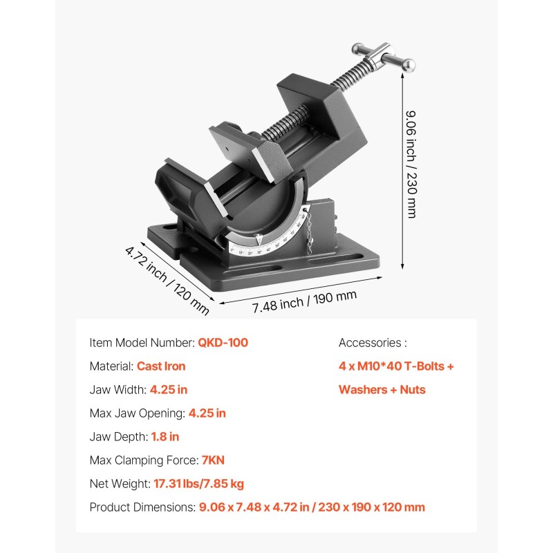 Kallistettava valurautainen porapuristinruuvi 4,25 tuuman leukaleveys 0-90 asteen kulmasäätö