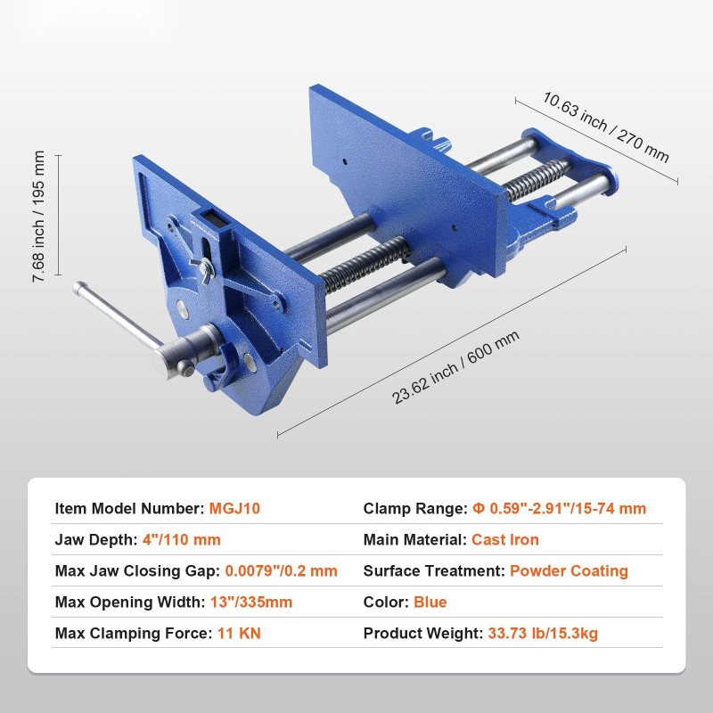 Penkkipuristin valurautarunkoinen 335 mm avautuma 11 kN puristusvoima nopea vapautusvipu