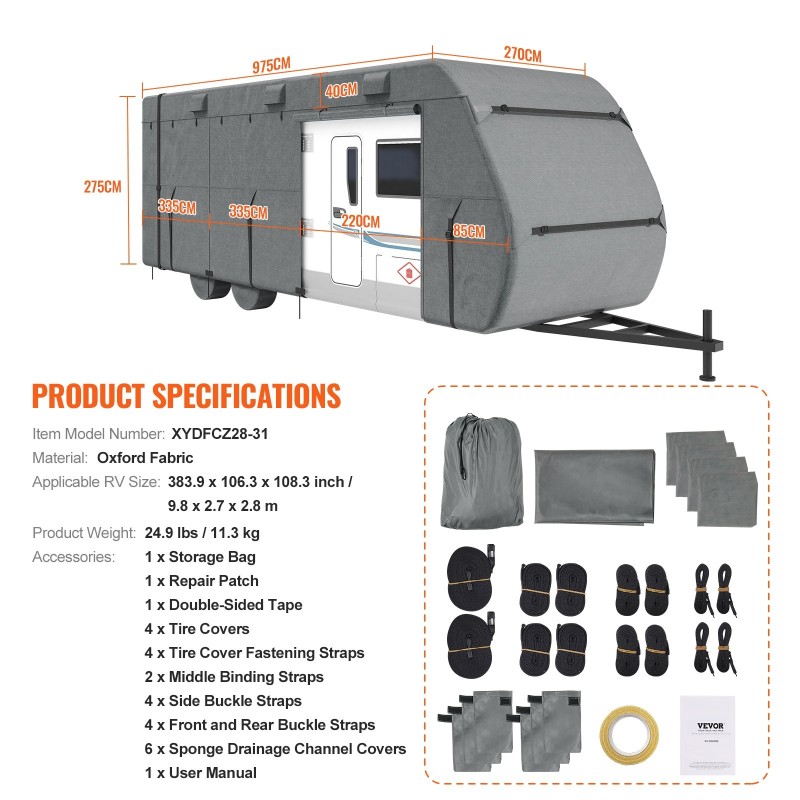 Asuntoauton suojapeite noin 9,8 metrin pituudelle Oxford-kangas vedenpitävä tuulenpitävä