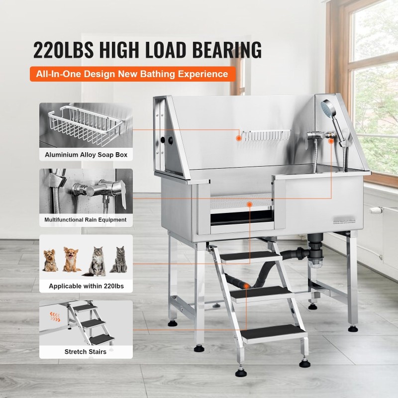 Lemmikkien kylpyallas ruostumatonta terästä 96,5 senttimetriä ramppi säilytyslaatikko ritilälattia 100 kilogrammaa