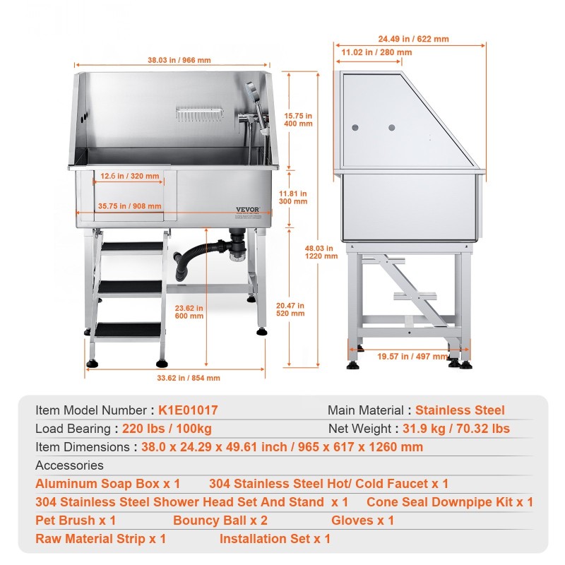 Lemmikkien kylpyallas ruostumatonta terästä 96,5 senttimetriä ramppi säilytyslaatikko ritilälattia 100 kilogrammaa