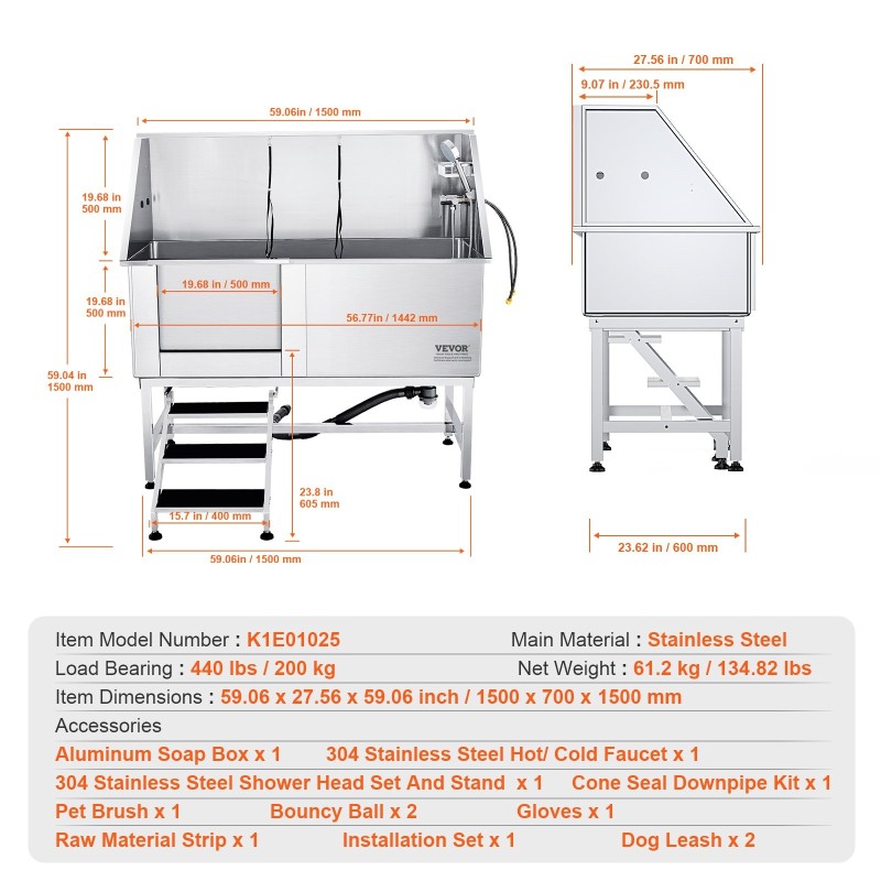 Lemmikkien pesuamme ruostumaton teräs 1575 mm 200 kg portaat luistamaton matto varustepaketti